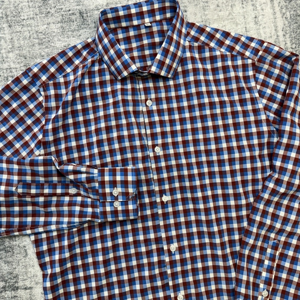 State & Liberty Shirt Men Large Red Blue Gingham Check Athletic Stretch Dress
